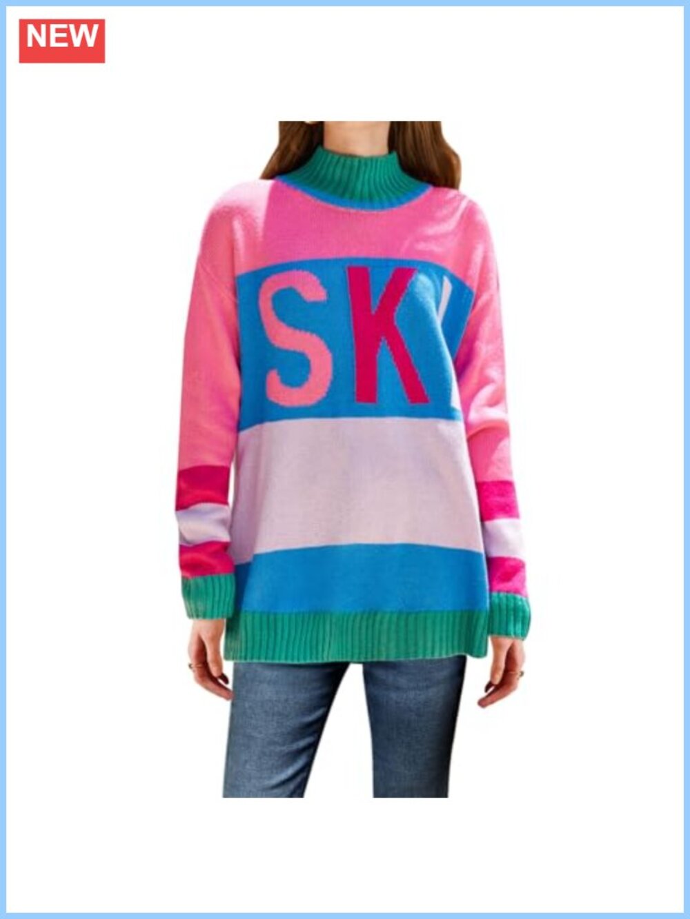 Oversized Color Block Ski Sweater Crewneck Pullover Knit Winter Top